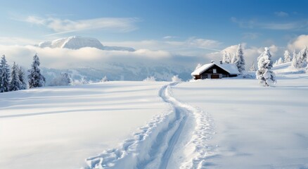 Fototapeta premium Snow-Covered Cabin Surrounded by Majestic Pine Trees in Winter Daytime