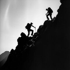 Silhouettes of two hikers on a mountain ridge, one helping the other up a challenging rocky section.