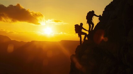 A silhouette of two hikers helping each other climb a steep rock face as the sun sets in the background. 
