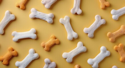 Obraz premium Playful Dogs Surrounded by Colorful Treats on Yellow Background