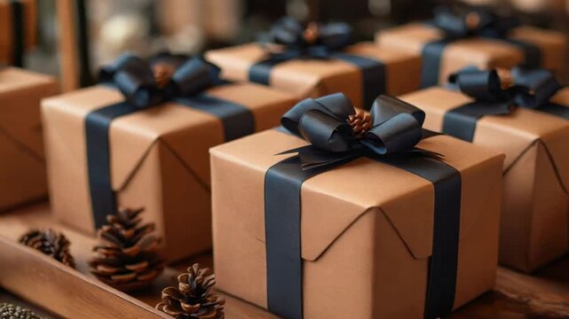 Row of elegant gift boxes with craft paper and black ribbons, festive holiday presents arrangement.