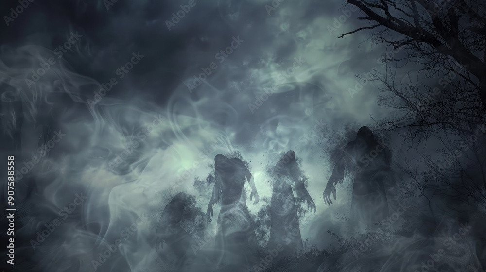 Poster a ghostly halloween sky with misty clouds, shadowy figures, and distant howls echoing in the night.