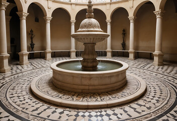 Obraz premium Vintage Mediterranean Fountain with Stonework: Arabic Courtyard Architecture and Water Craftsmanship