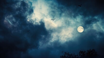 Naklejka premium A ghostly Halloween sky with misty clouds, shadowy figures, and distant howls echoing in the night.