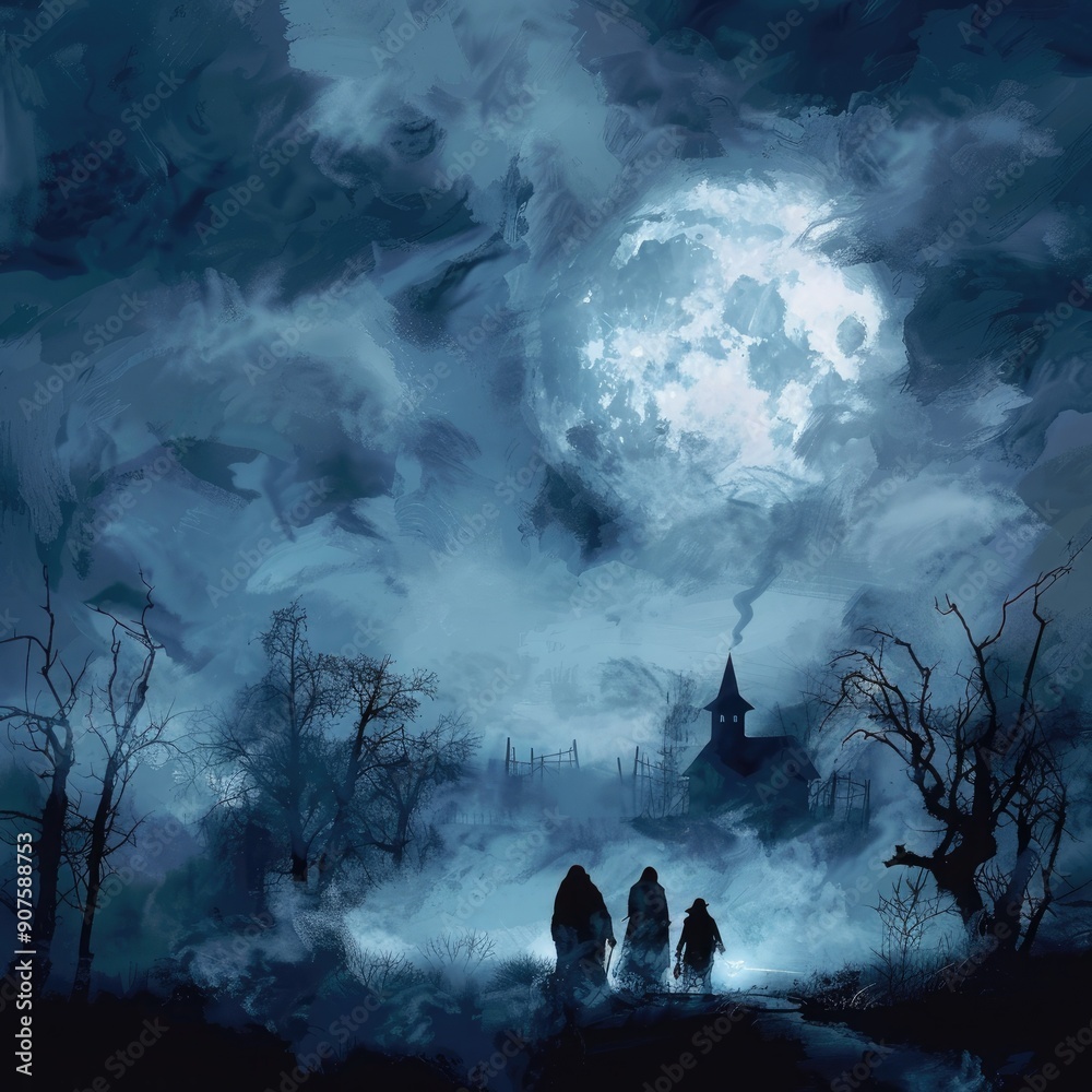 Poster a ghostly halloween sky with misty clouds, shadowy figures, and distant howls echoing in the night.