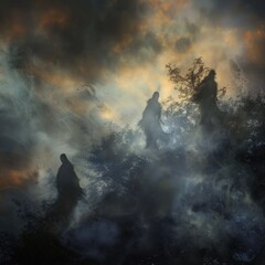 A ghostly Halloween sky with misty clouds, shadowy figures, and distant howls echoing in the night.