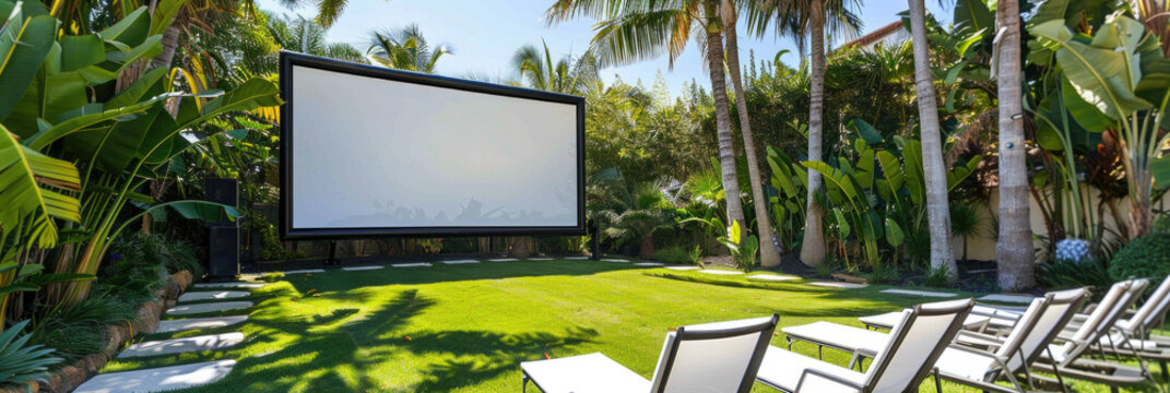 A white projection screen against a backdrop of palm trees and a green lawn. - Powered by Adobe
