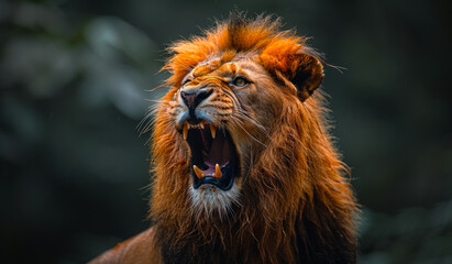 Obraz premium Majestic Lion Roaring in Dense Jungle at Dusk. A powerful lion roars