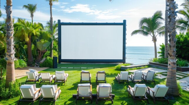 A white projection screen against a backdrop of palm trees and a green lawn.