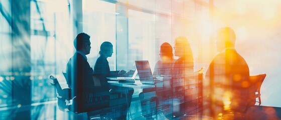 Collaborative team of business professionals working together in modern office setting, double exposure effect, ideal for corporate and teamwork-themed banner designs