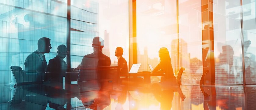 Collaborative team of business professionals working together in modern office setting, double exposure effect, ideal for corporate and teamwork-themed banner designs