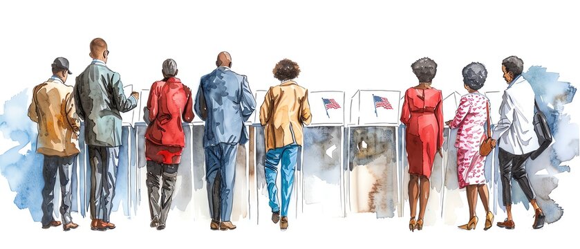 Early voting site, people casting votes ahead of time, proactive participation, Watercolor style
