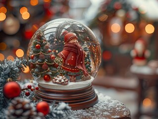 A festive snow globe featuring a whimsical Christmas scene with a joyful figure and a decorated tree, perfect for holiday decoration.
