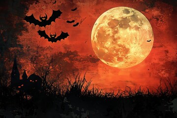 A Spooky Evening With a Full Moon and Flying Bats Over an Eerie Landscape