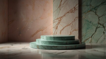 Marble stand room with wall.Podium product display stage 3d marble stand stone summer platform. Mockup background beauty green podium rock space cosmetics stage presentation nature light