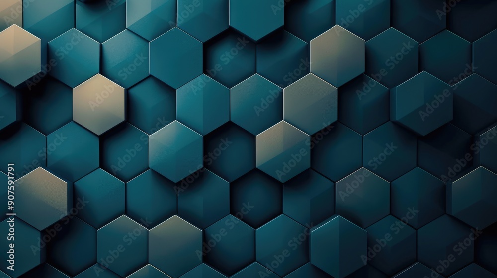 Poster a sleek abstract pc wallpaper with interlocking hexagonal patterns in a gradient of teal to dark blu