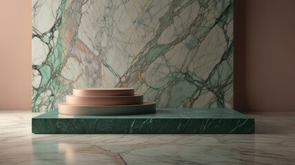 Marble stand design.Podium product display stage 3d marble stand stone summer platform. Mockup background beauty green podium rock space cosmetics stage presentation nature light