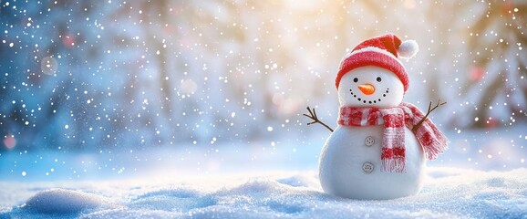 Happy Snowman with Scarf and Hat in a Snowy Winter Wonderland with Festive Lights and Cheer - Generative AI