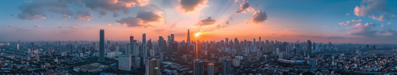Fototapeta premium Panoramic City Skyline from a Prime Rooftop Vantage Point: The Essence of Urban Landscapes in a Single Aerial View