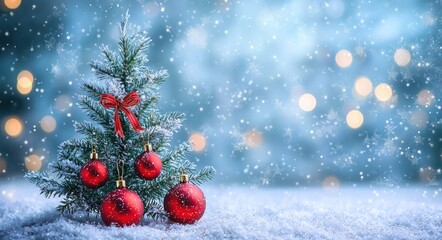 Snow-Covered Christmas Tree with Red Ornaments and Star Topper Against a Sparkling Blue Background - Generative AI