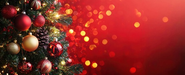 Beautifully Decorated Christmas Tree with Colorful Ornaments and Glowing Bokeh Lights on Red Background - Generative AI