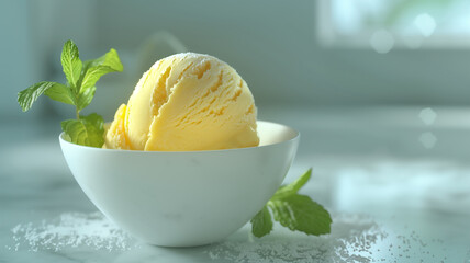 Mango Ice Cream in White Bowl with Mint Leaves
