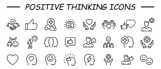 Positive thinking icon set. Containing self-care, optimism, be loved, healthy lifestyle, happiness, positive mindset and more icons.