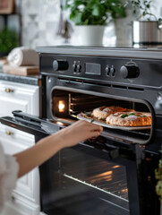 A person is taking out food from an oven
