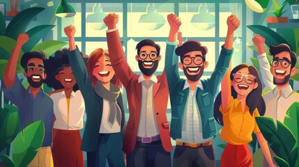 Fototapeta premium Cartoon vector Diverse group of investors celebrating a stock market rally in a modern office
