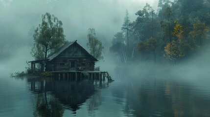 Fototapeta premium Wooden Cottage on Foggy Lake