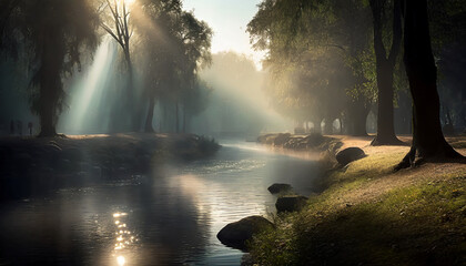 River under warm sunset light, green trees, grassy banks, peaceful countryside. Beautiful landscape