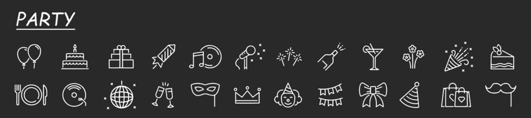 Event planning, party icons. Simple set of party related vector line Icons. Contains such Icons as bouquet of flowers, karaoke, dj, masquerade and more. Grey background
