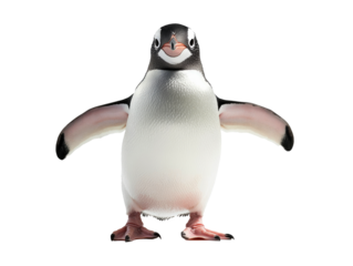 A cute and friendly cartoon penguin character with outstretched wings, depicting a welcoming and endearing pose, rendered in 3D animation style.