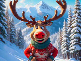 A reindeer with a big nose on a winter vacation, skiing dressed in a sweater with winter motifs illustration.