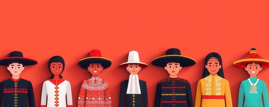 Cultural parade, participants in traditional attire, flat design illustration