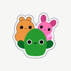 sticker design of A cactus with cute animal companions