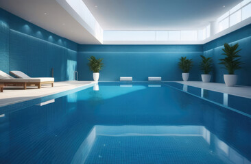 modern indoor swimming pool with elegant blue and white design, houseplants and lounge chairs