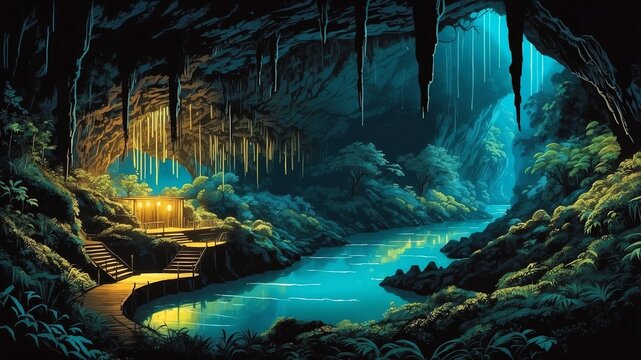 waitomo glowworm caves new zealand retro neon