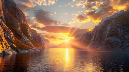 A tranquil sunset over a fjord