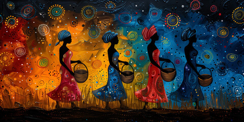 Four african women in a row, in colored dresses, with baskets in their hands on a multicolored flamboyant background