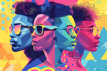 Vibrant modern artwork featuring multiple faces wearing sunglasses, showcasing contemporary style...