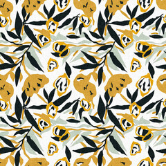 Modern printed fabric wildflower blockprint pattern with linen fabric textures. Stylized hand drawn boho dark florals for decorative design elements in repeatable background tile.