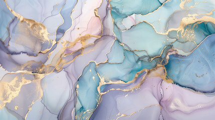 Naklejka premium Marble ink texture background in soft blue, lavender, and gold accents