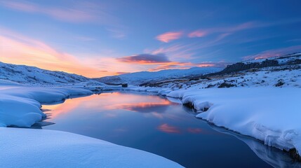 A tranquil sunset over a snowy mountain range