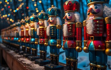 Colorful nutcracker figures lined up against a blurred backdrop of festive lights, creating a whimsical holiday atmosphere.