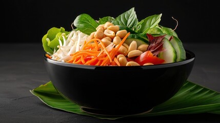 Fresh Thai Food Ingredients in a Black Bowl with Leaf Base on Dark Background