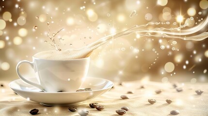 Fototapeta premium Milk Brown Coffee Liquid Swirl Splash with Coffee Beans Falling and Bubbles