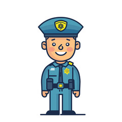 Cartoon illustration male police officer cheerful face uniform badge belt. Smiling young cop isolated white background handdrawn vector drawing. Childfriendly character cute security enforcement