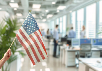 Close up of an American flag being held in the style of one person in the foreground, 