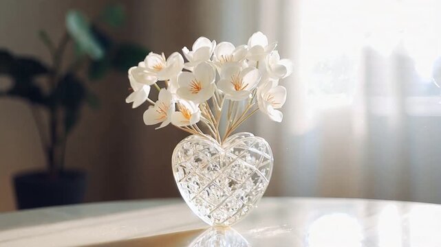 heart-shaped flower arrangement on white table with blurred background